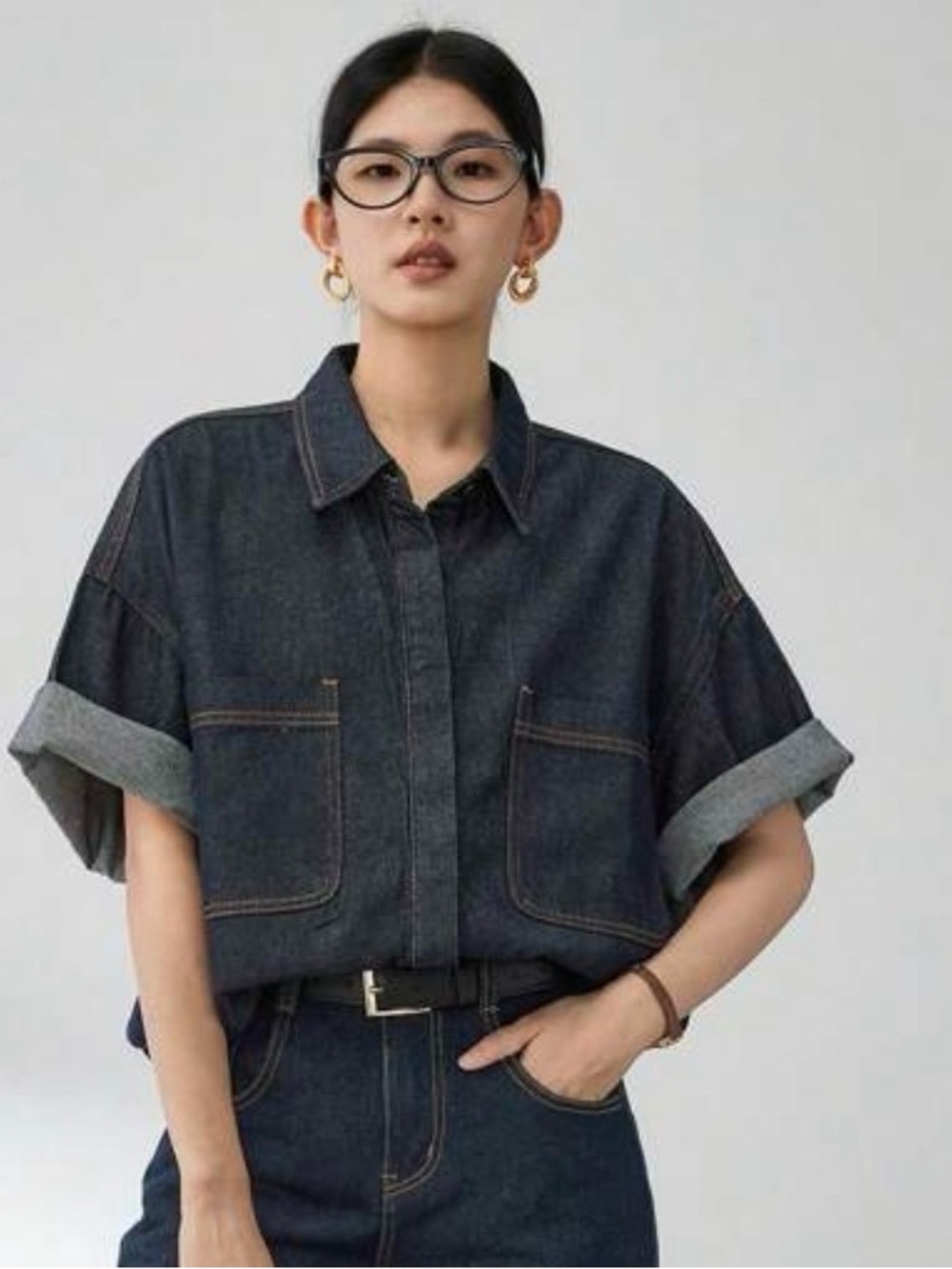 SHEIN Dark Denim Short Sleeve Button-Down Shirt